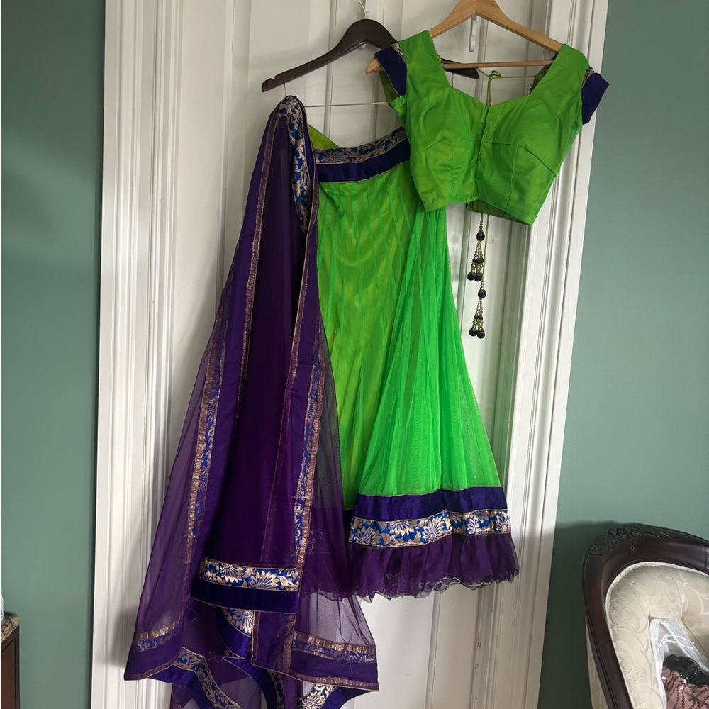 Beautiful Lime Green and Deep Purple Lehenga Set